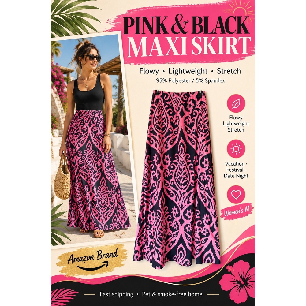 Pink Black Damask Ikat Print Flowy Boho Maxi Skirt Women's M Stretch Waist
